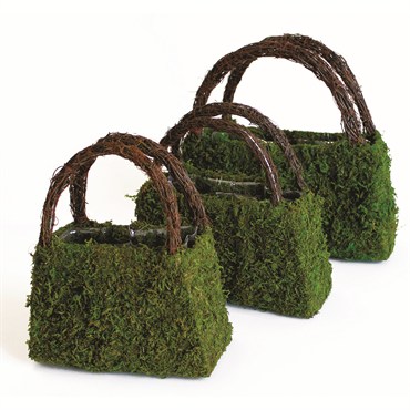 SuperMoss 3pc Set Beaumont Wicker Handle Purse Moss Deco Planters