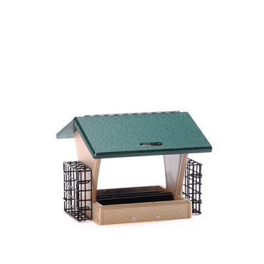 Birds Choice Medium Hopper Feeder Recycled Plastic with Suet Cages Tan & Green 3# Capacity