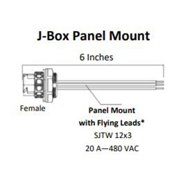 Fluence AC Flex Wiring, 6" ( 152mm ), J-Box Panel Mount, 20A, Pigtails to M25 Push Lock Connector 10/CS
