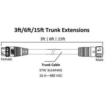 Fluence AC Flex Wiring, 15' ( 4572mm ), Trunk Extension, 16A, M25 Push Lock Connectors 5/CS