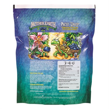 Mother Earth Acid Drop 4.4 pound bag of granular fertilizer for acid-loving plants, front label showing 3-4-6 NPK analysis