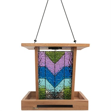 Wild Bird Lovers Cedar & Stained Glass Hopper Feeder with Solar Light