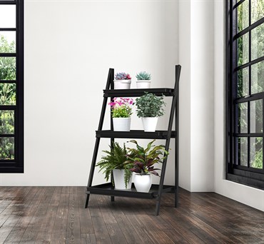 Panacea Folding Narrow Step Ladder 3 Tier Plant Stand with Metal Trays Matte Black