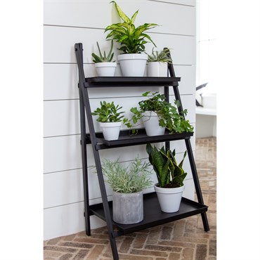 Panacea Folding Narrow Step Ladder 3 Tier Plant Stand with Metal Trays Matte Black - Image 2