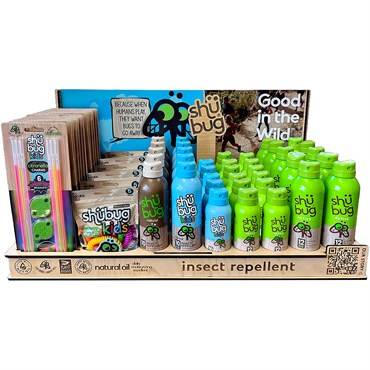Shubug 67pc Mix-24 Wood Counter Display (20) Glow, (10) Coils, (5) Kids 6 oz, (5) Natural 6 oz(10) Active 6 oz, (12) Active 3 oz, (5) Kids 3 oz