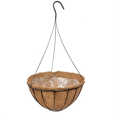 Grower Select 14" Hanging Basket Black 20" 3 Strand Wire Hanger Flat Bottom Coco Liner 14in x 7in 2.37 Gal / 9 liters Liquid Volume Capacity — Single Unit