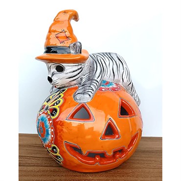 Talavera 14"H  x 12"W Pumpkin with Cat