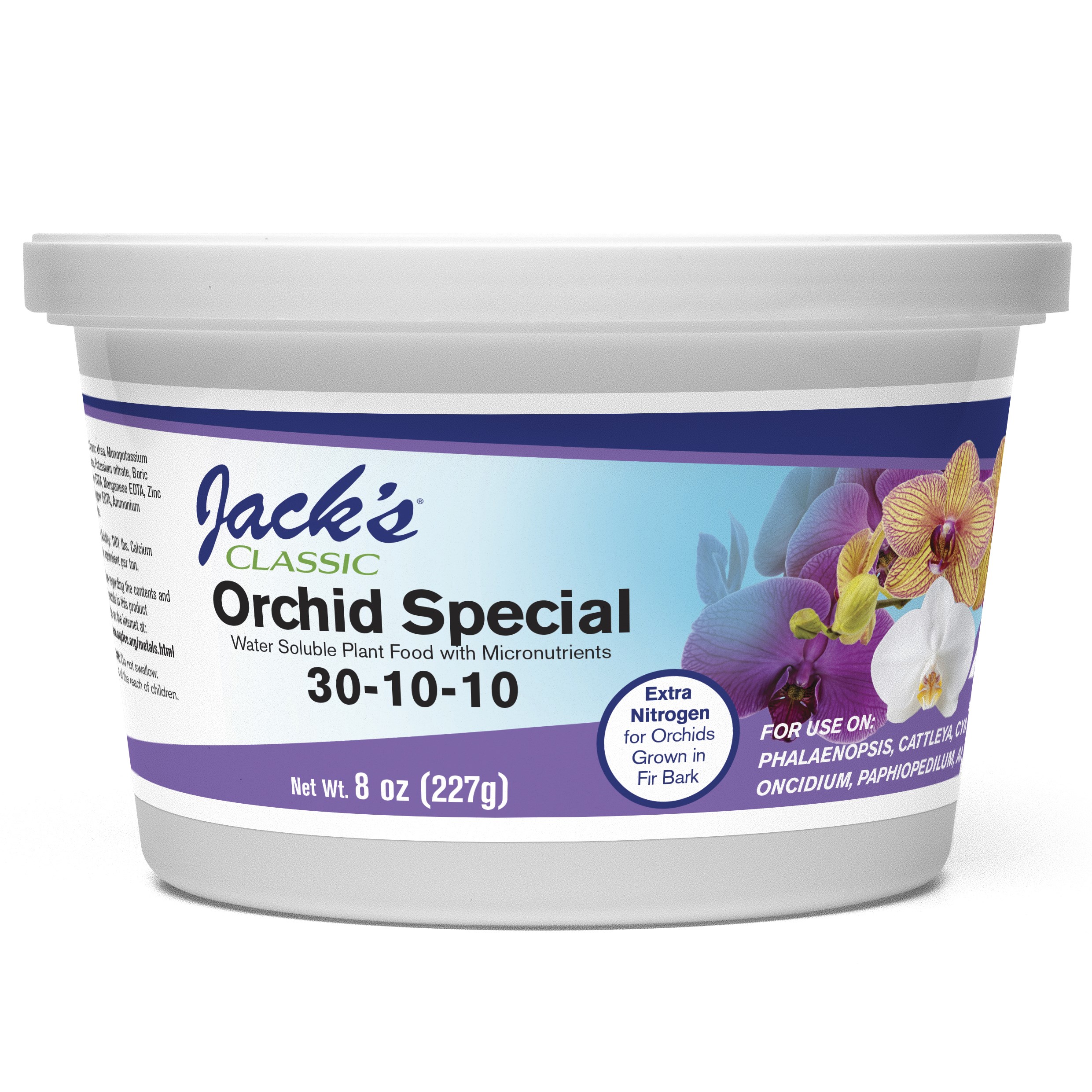 Jacks Classic 8oz Orchid Special 30-10-10 Fertilizer — priced per each; minimum 12; multiples of 12