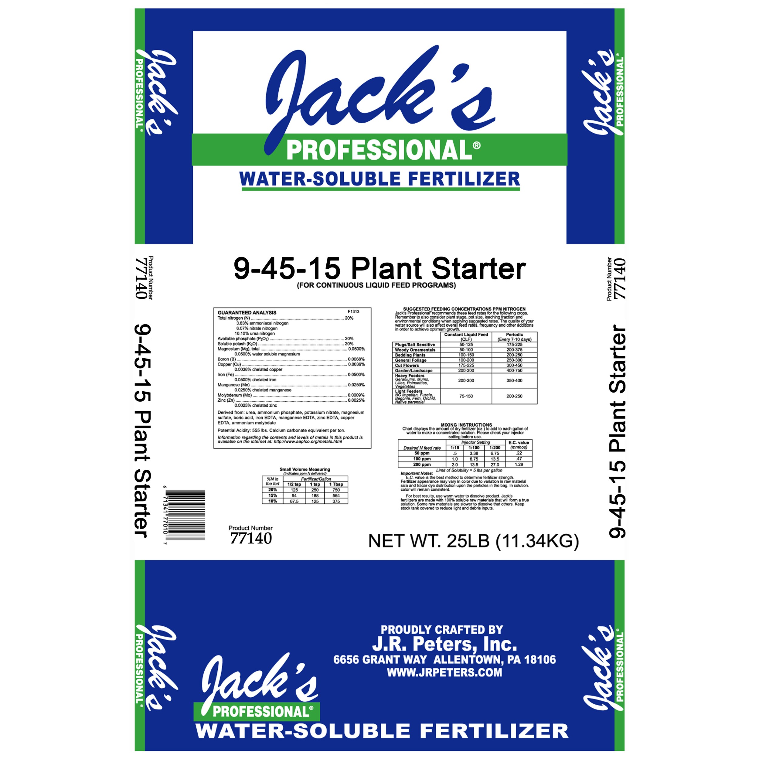 Jacks Prof Plant Starter 9-45-15 25Lb — Single Unit