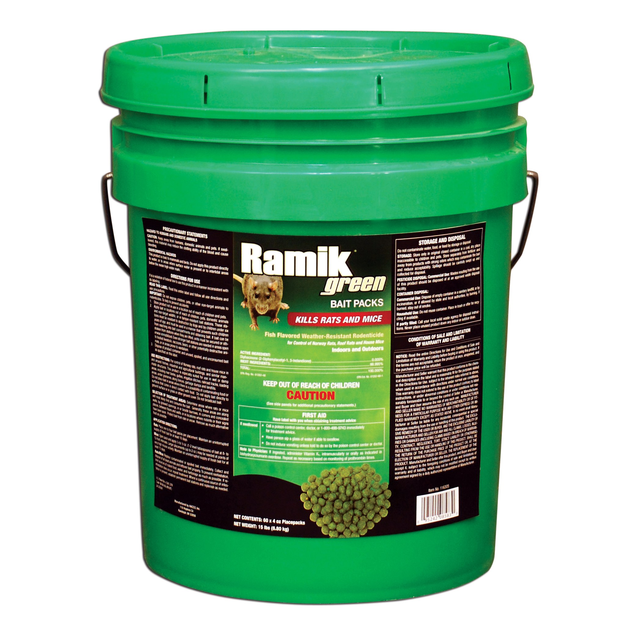 NGN Ramik Green Rodent Bait 1/2" Pellets 60x4oz Packs per Pail ( Diaphacinone ) — Single Unit