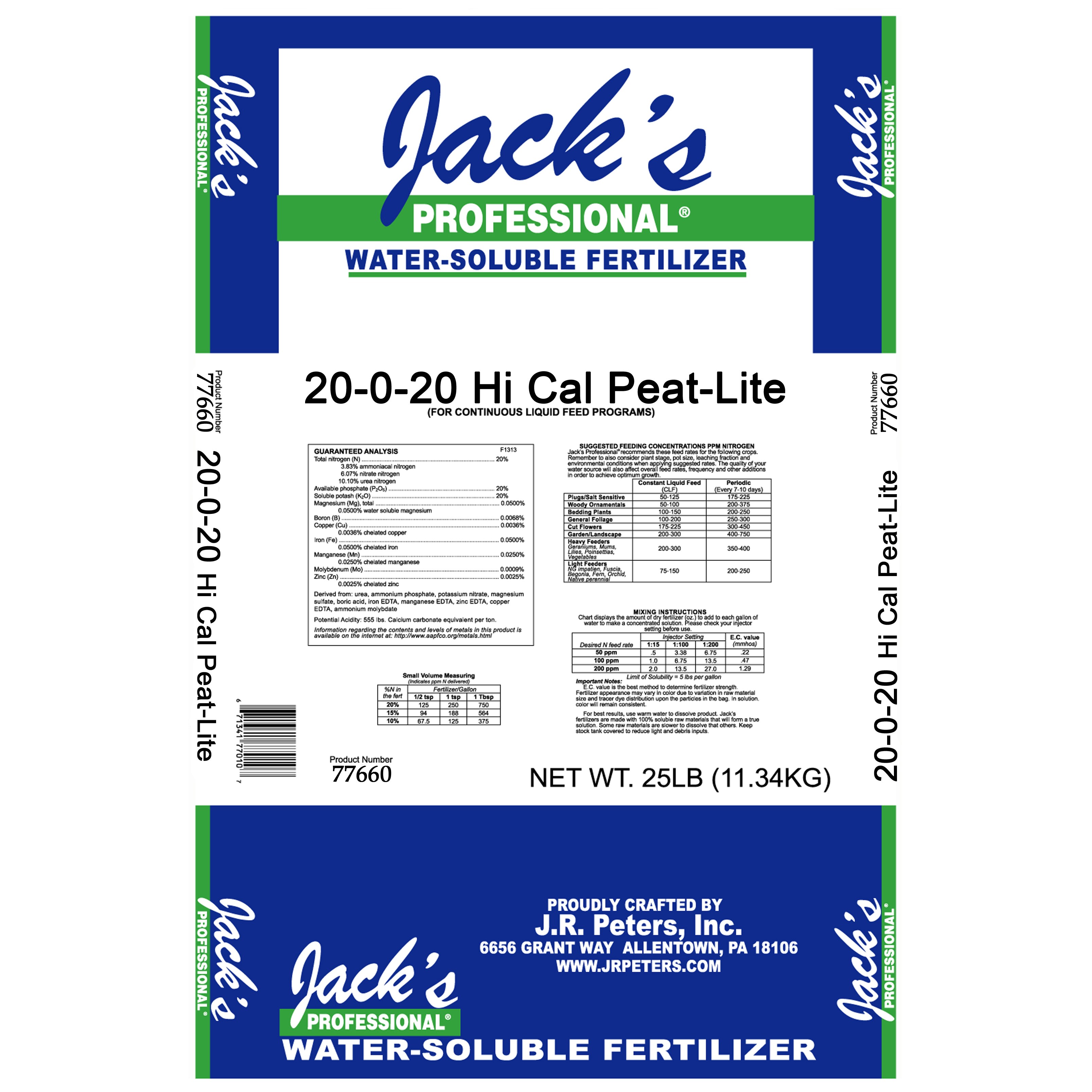 Jacks Prof Hi Cal Peat-Lite 20-0-20 25Lb HAZ — Single Unit