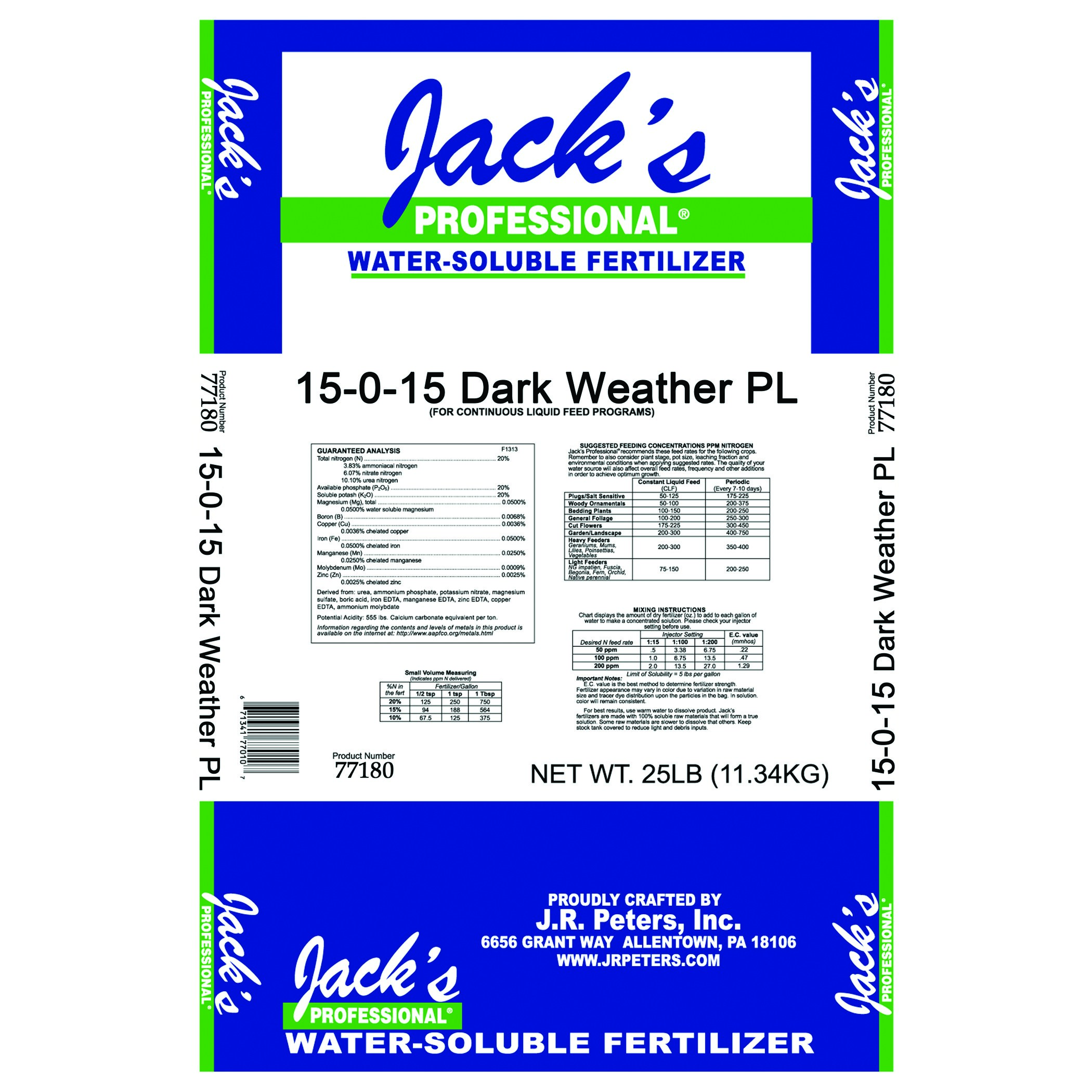 Jacks Prof Dark Weather Peat-Lite 15-0-15 25Lb — Single Unit