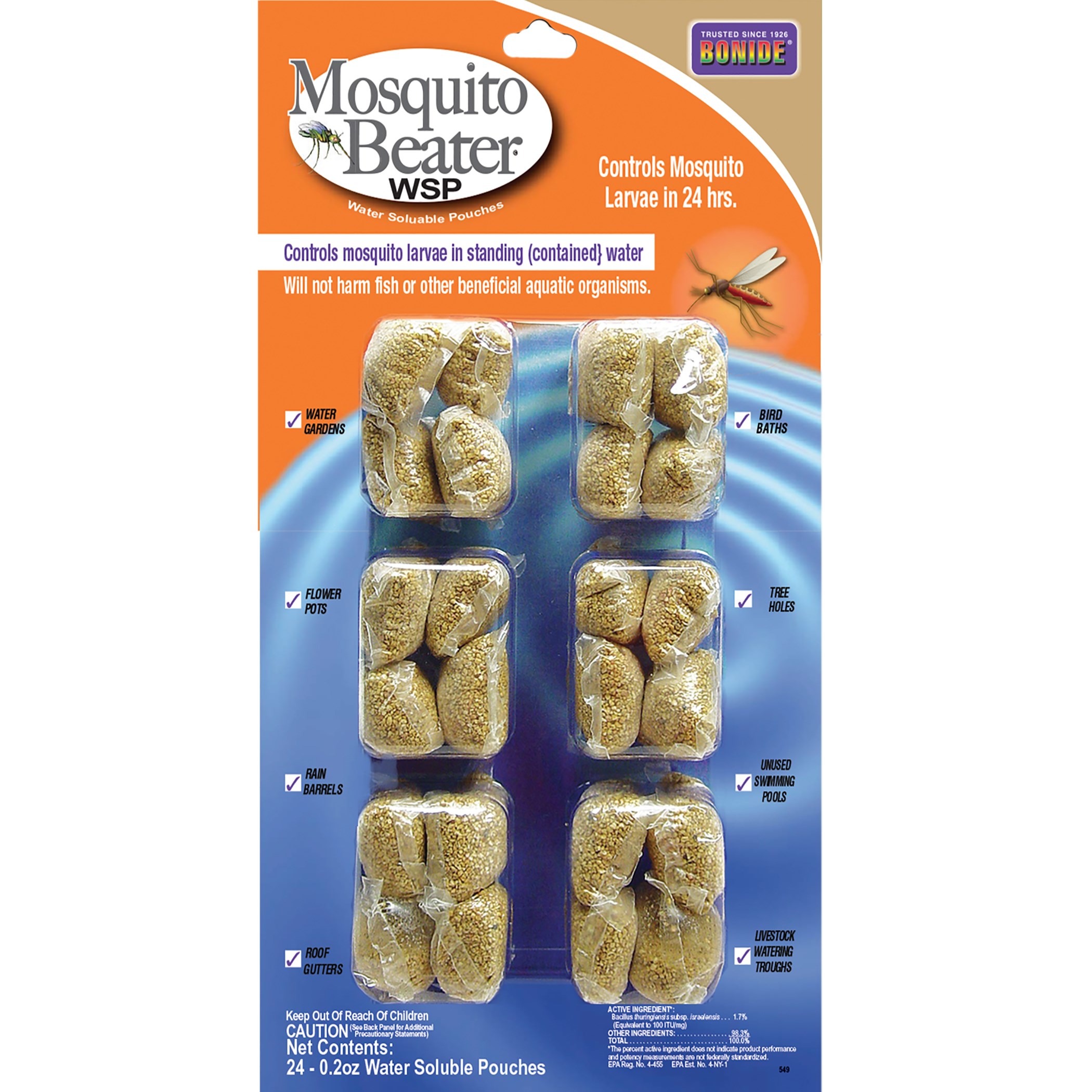 Bonide.2oz Water Soluble Pouches Mosquito Beater Plunks (24-.2oz Pouches Per Card) — priced per each; minimum 12; multiples of 12