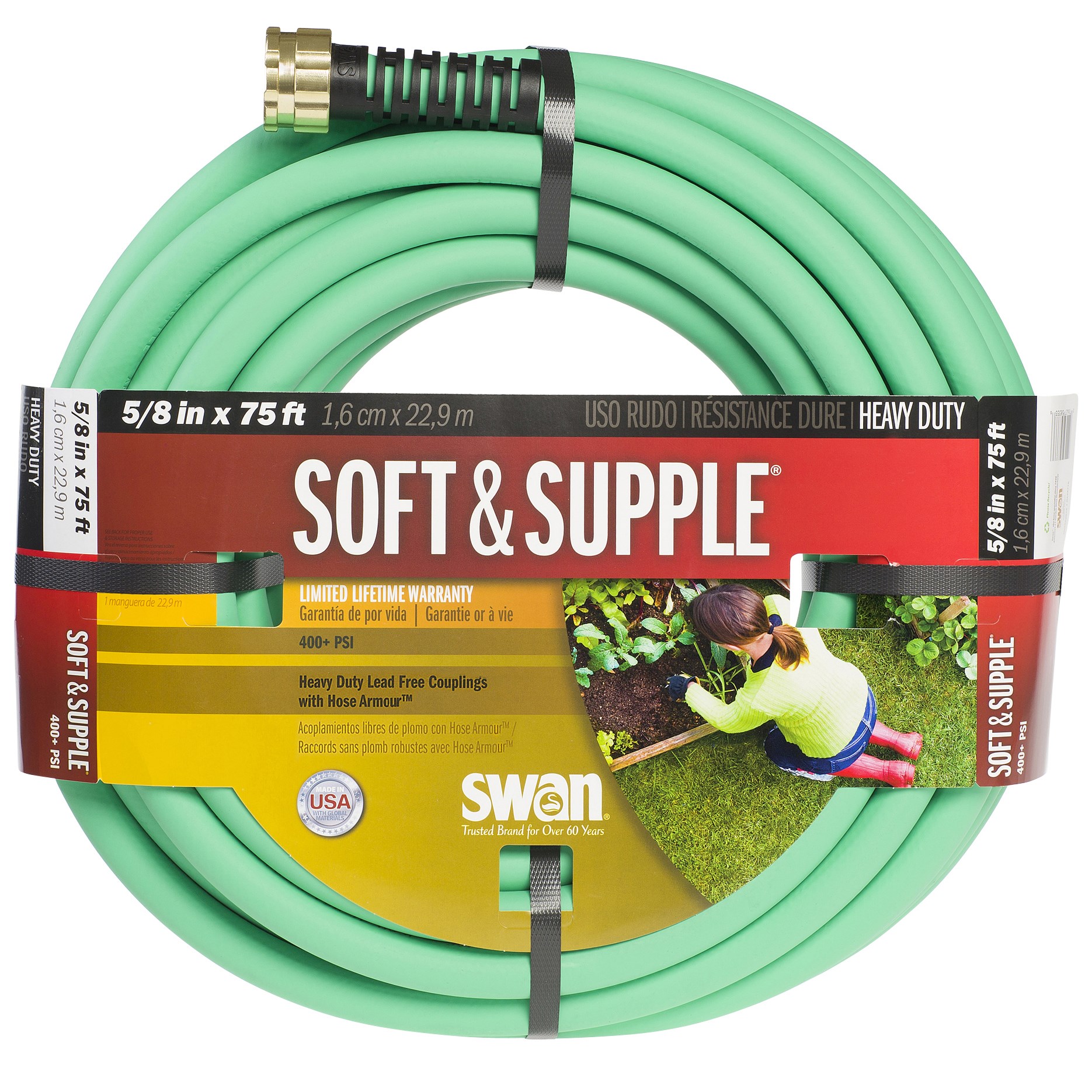 Swan 5/8"x75' Soft & Supple Reinforced Rubber/Vinyl Garden Hose — priced per each; minimum 3; multiples of 3