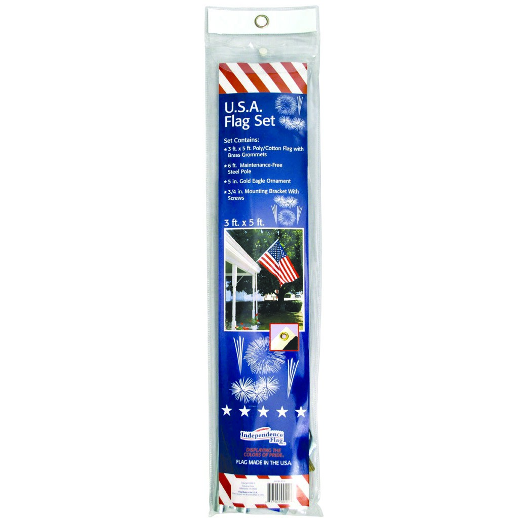 FlagZone Independence Flag 3'x5' US Poly/Cotton Flag Set with 6' 3 Piece Metal Pole Plastic Eagle Metal Bracket & Mounting Screw Pack