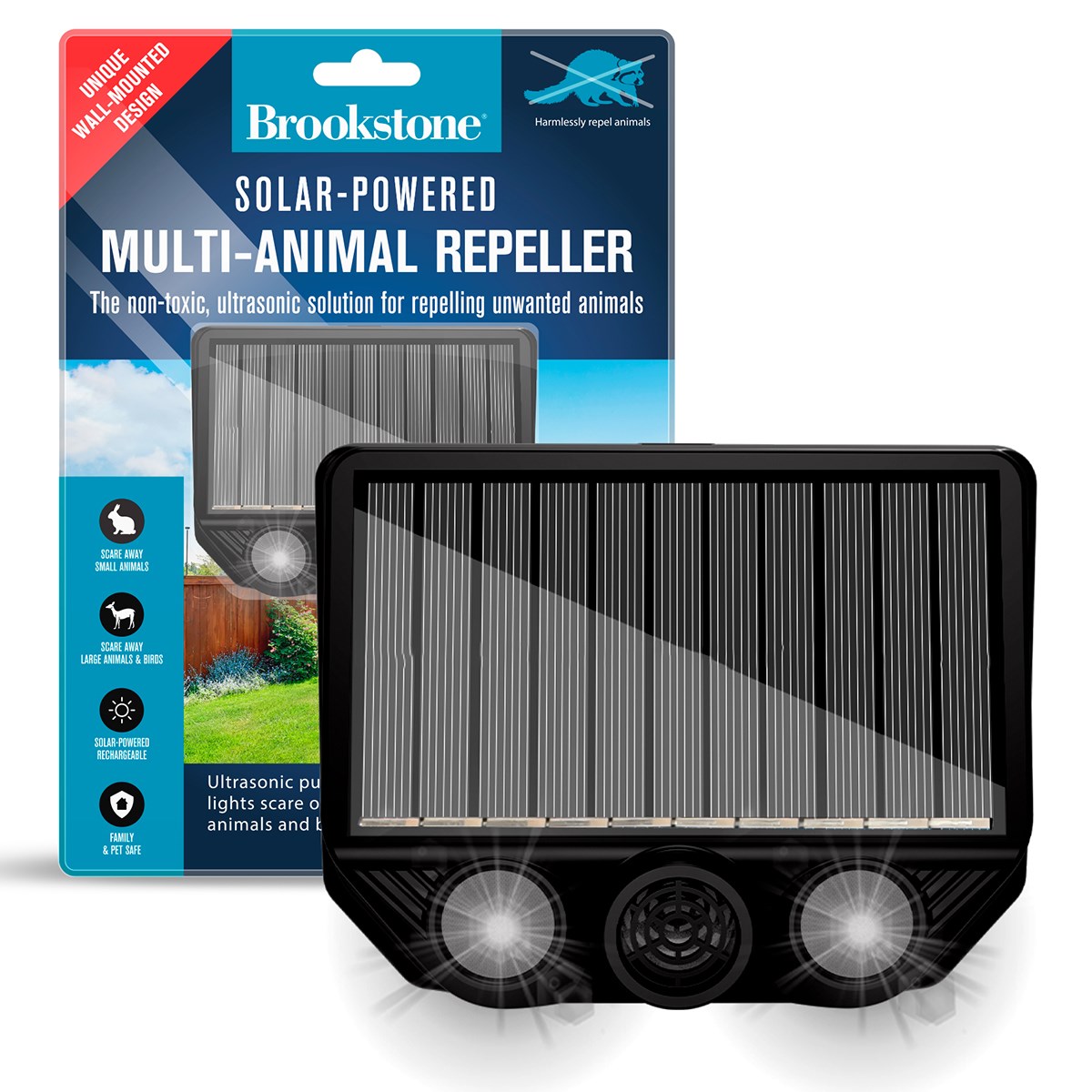 Brookstone Solar Powered Ultrasonic Animal Repeller — priced per each; minimum 10; multiples of 10