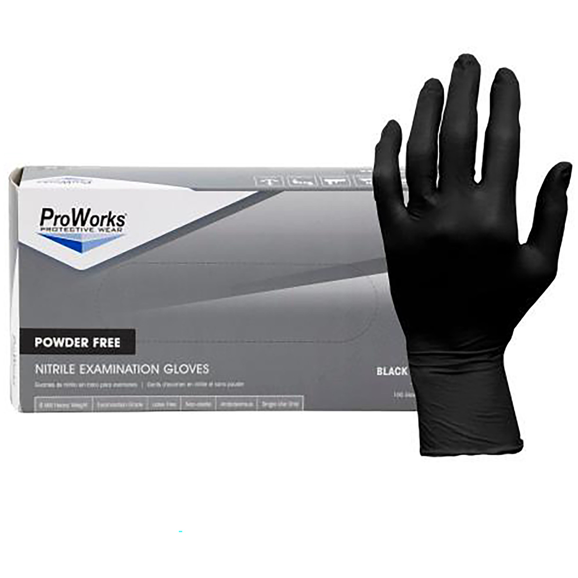 ProWorks Disposable Nitrile Exam Grade Gloves, Powder Free, Black, 6 mil, Medium, 100ct Box — Single Unit