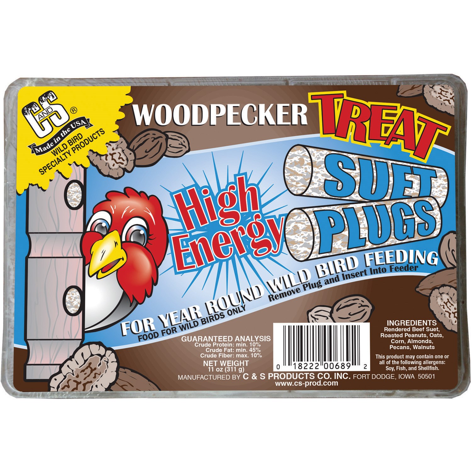 C&S 11oz Woodpecker Treat High Energy Suet Plugs 4Pk - Each Plug is 2.75oz