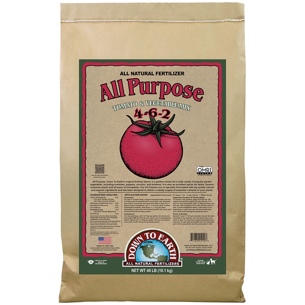 Down To Earth 40# All Purpose Tomato & Vegetable 4-6-2