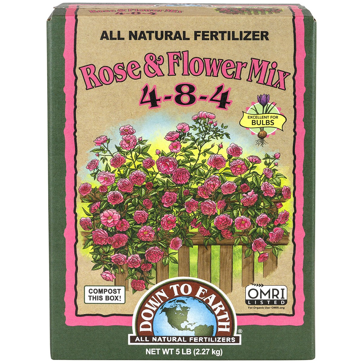 Down to Earth 5# Rose & Flower Mix 4-8-4 OMRI — priced per each; minimum 6; multiples of 6
