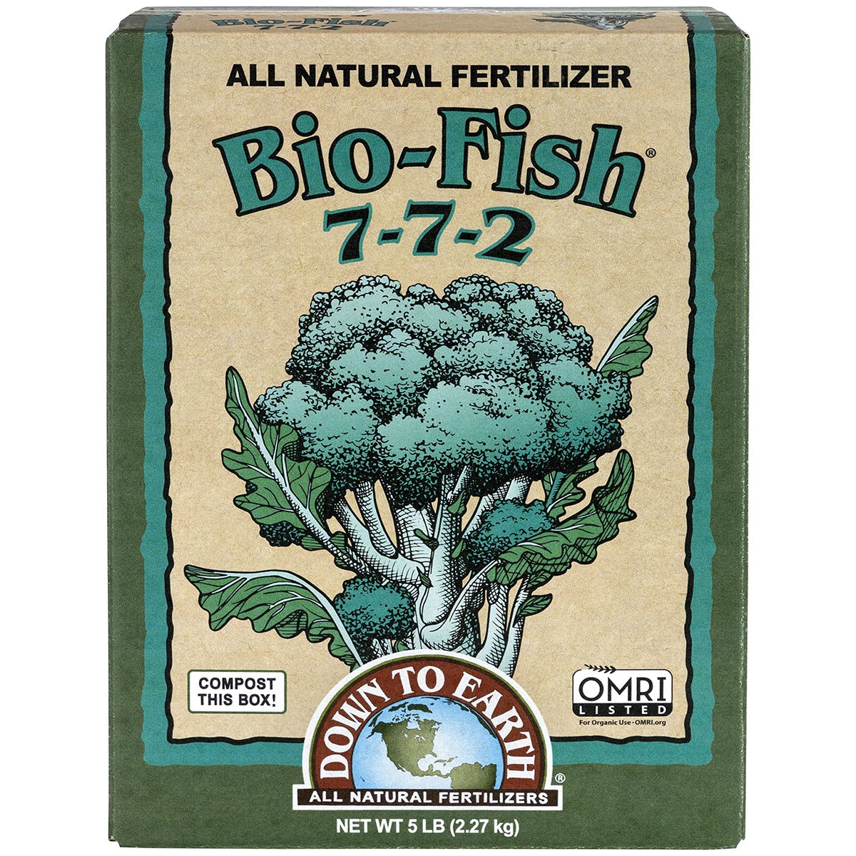 Down to Earth 5# Bio Fish 7-7-2 OMRI — priced per each; minimum 6; multiples of 6