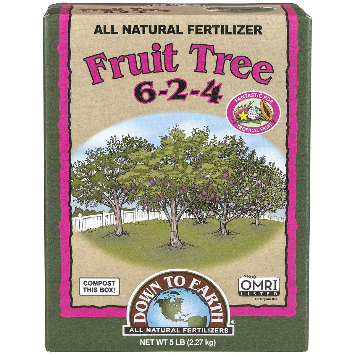 Down to Earth 5# Fruit Tree 6-2-4 OMRI — priced per each; minimum 6; multiples of 6