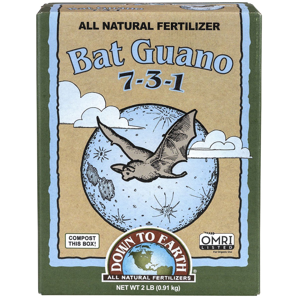 Down to Earth 2# Bat Guano 7-3-1 OMRI — priced per each; minimum 6; multiples of 6