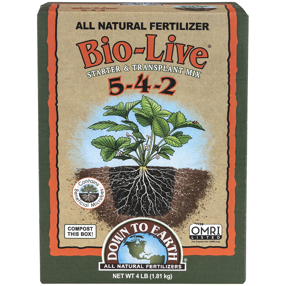 Down To Earth 4# Organic Bio Live 5-4-2 — priced per each; minimum 6; multiples of 6