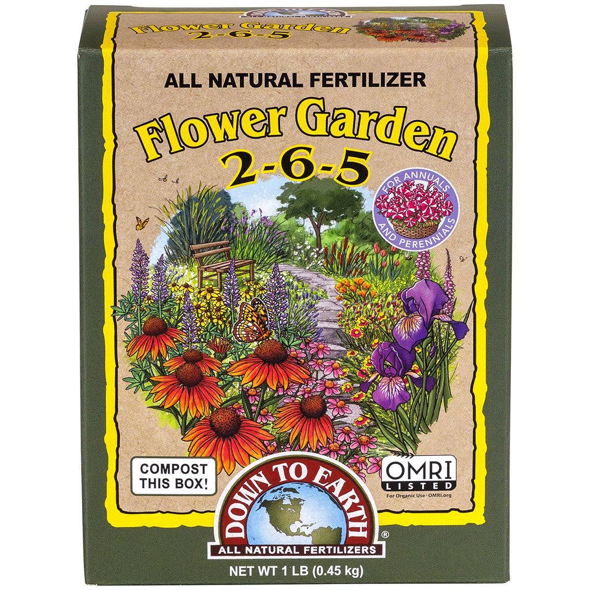 Down to Earth 1# Flower Garden 2-6-5 OMRI — priced per each; minimum 12; multiples of 12