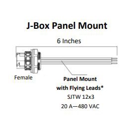 Fluence AC Flex Wiring, 6" ( 152mm ), J-Box Panel Mount, 20A, Pigtails to M25 Push Lock Connector