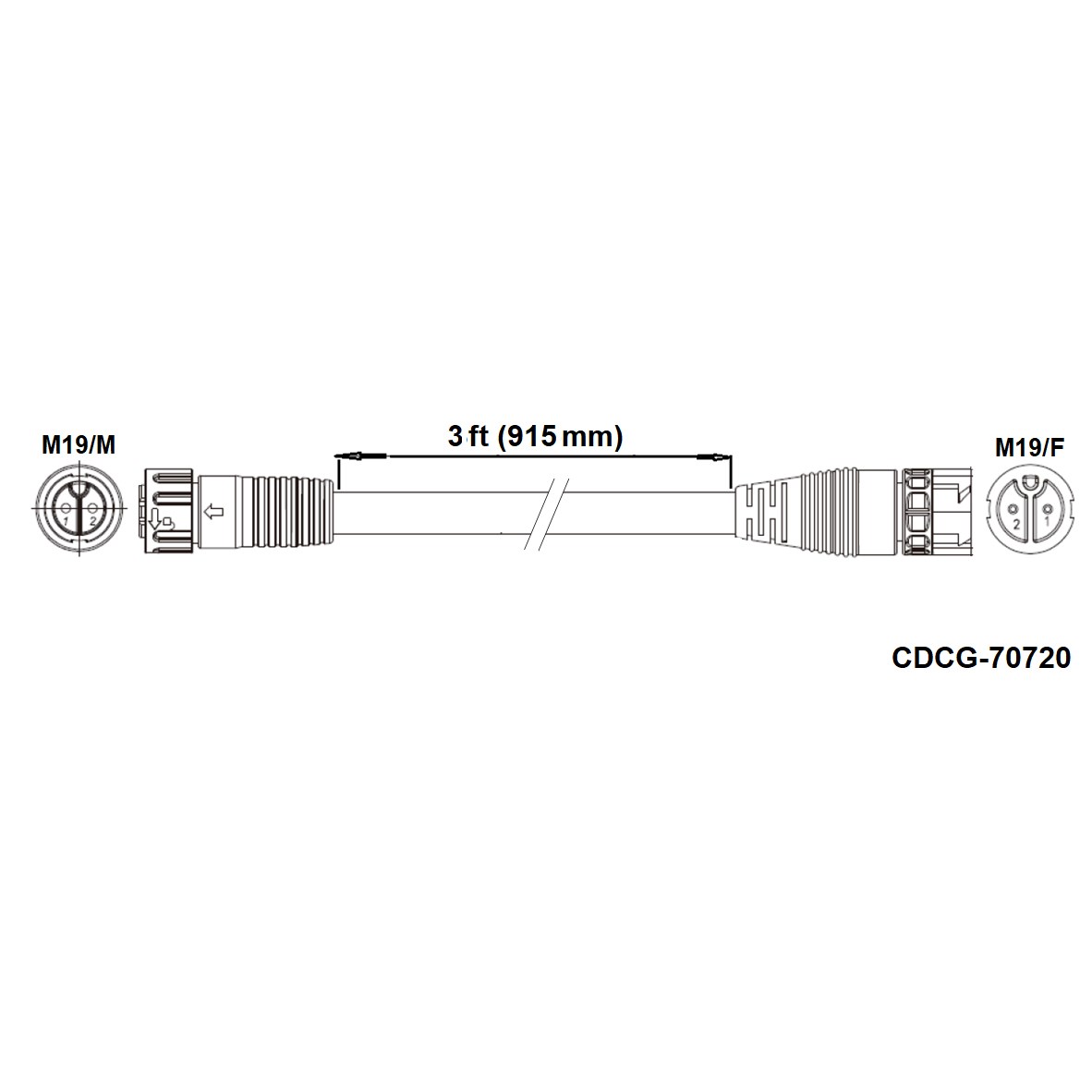 Fluence DC Extension Cable, 3' ( 915mm ), M19 Push Lock — Single Unit