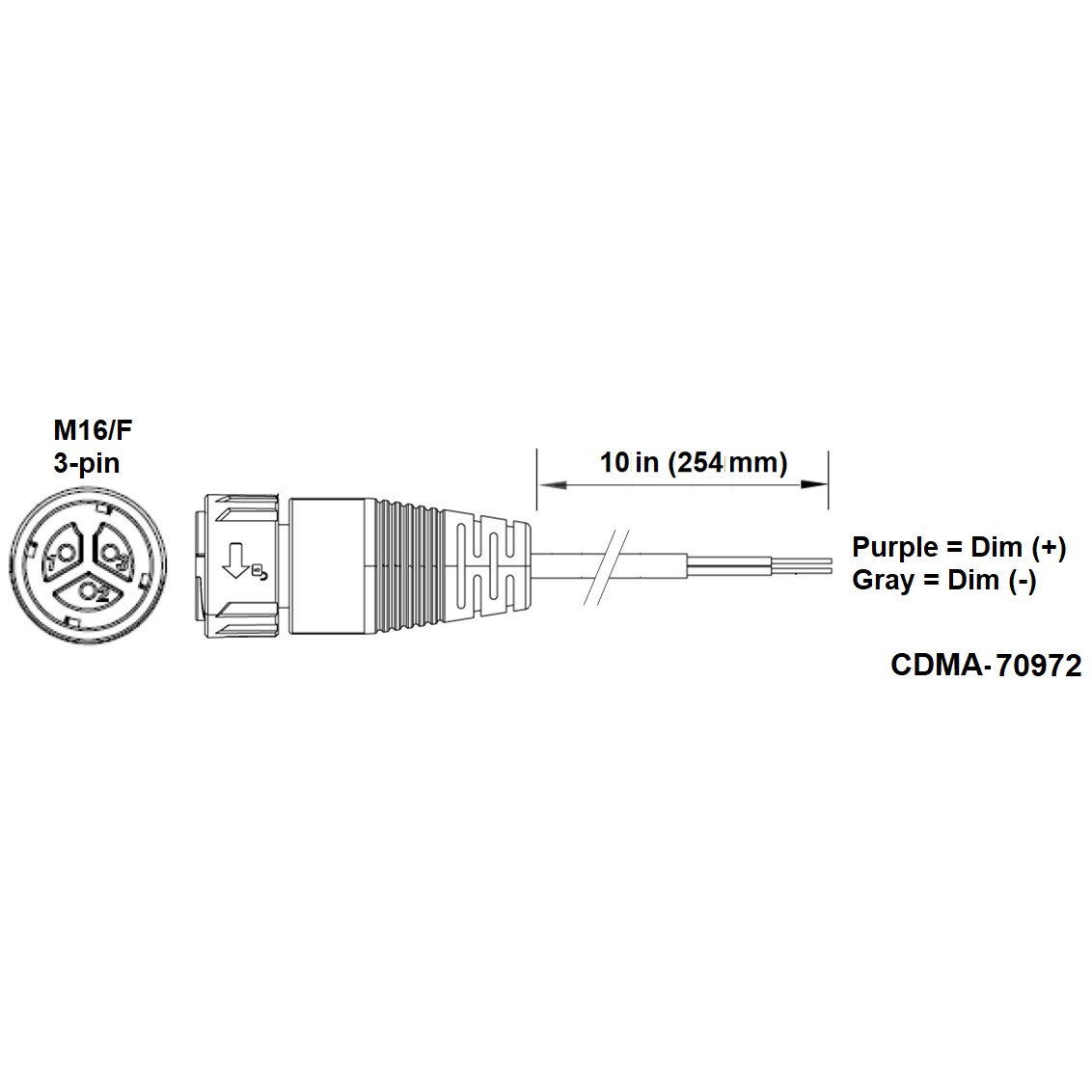 Fluence PSU1/PSE2 DC Dimming Signal Cable, 10" ( 254mm ), Pigtail to M16 Push Lock Connector