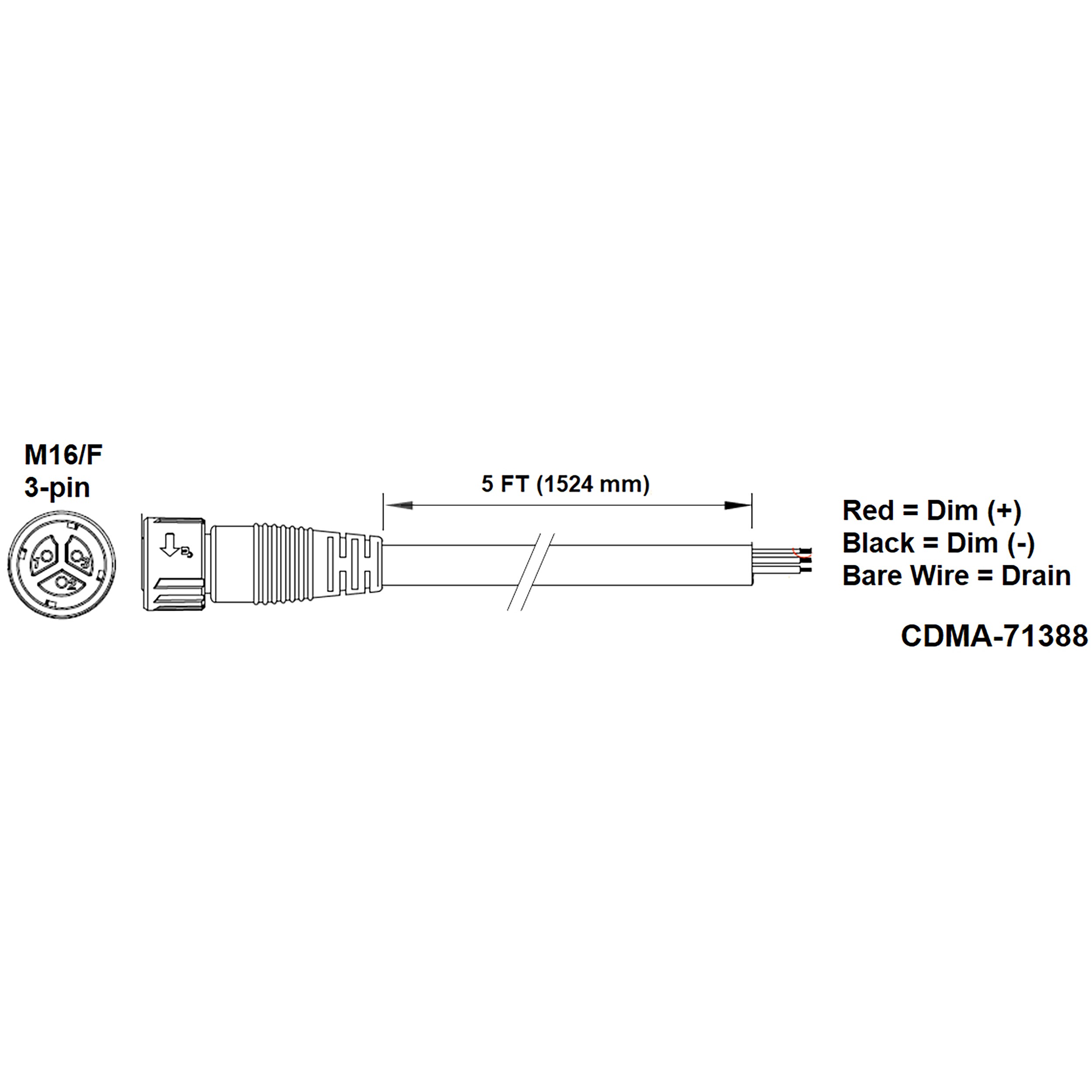 Fluence PSU1/PSE2 DC Dimming Signal Cable, 5' ( 1524mm ), Pigtail to M16 Push Lock Connector