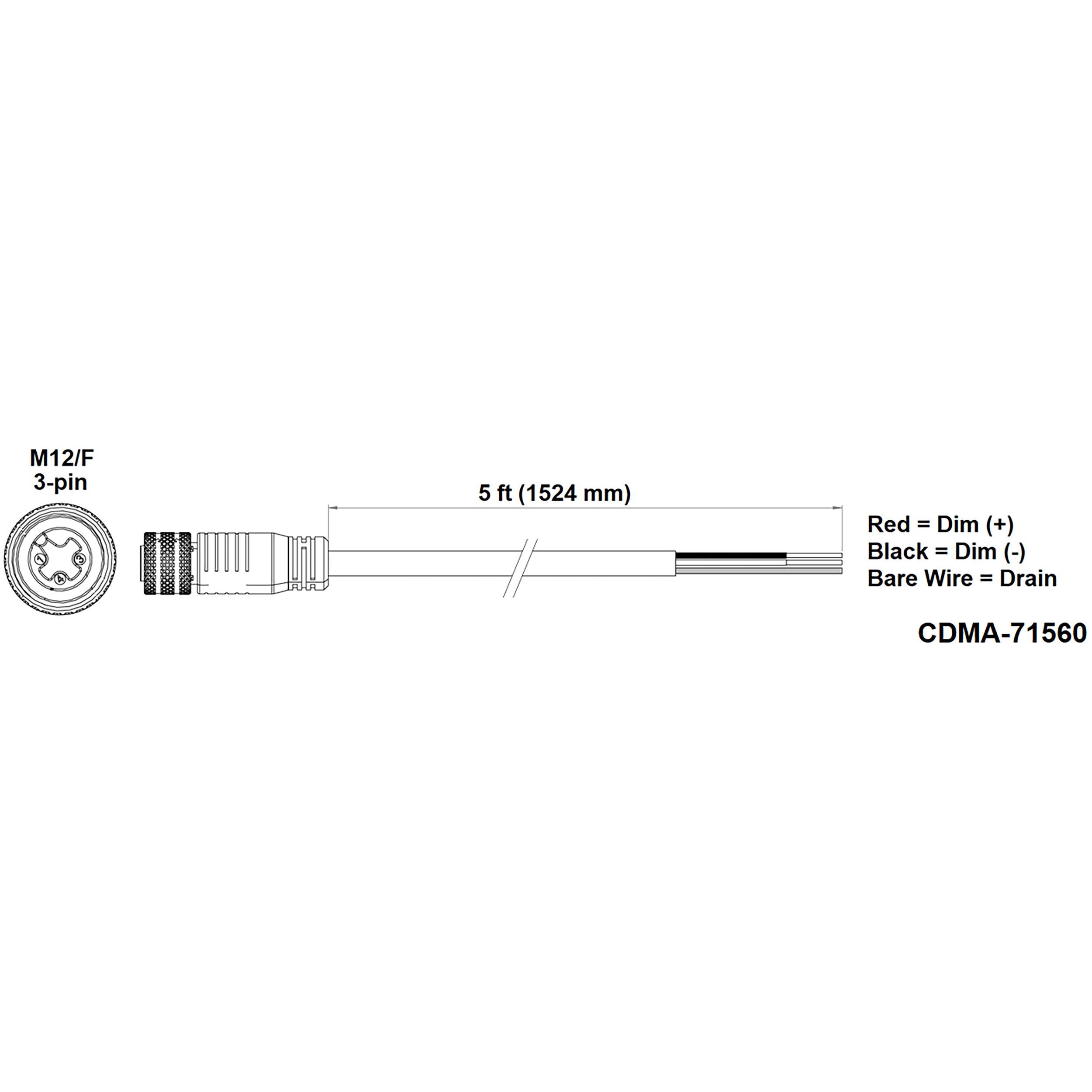 Fluence PSU2 DC Dimming Signal Cable, 5' ( 1524mm ), Pigtail to M12 Threaded Connector