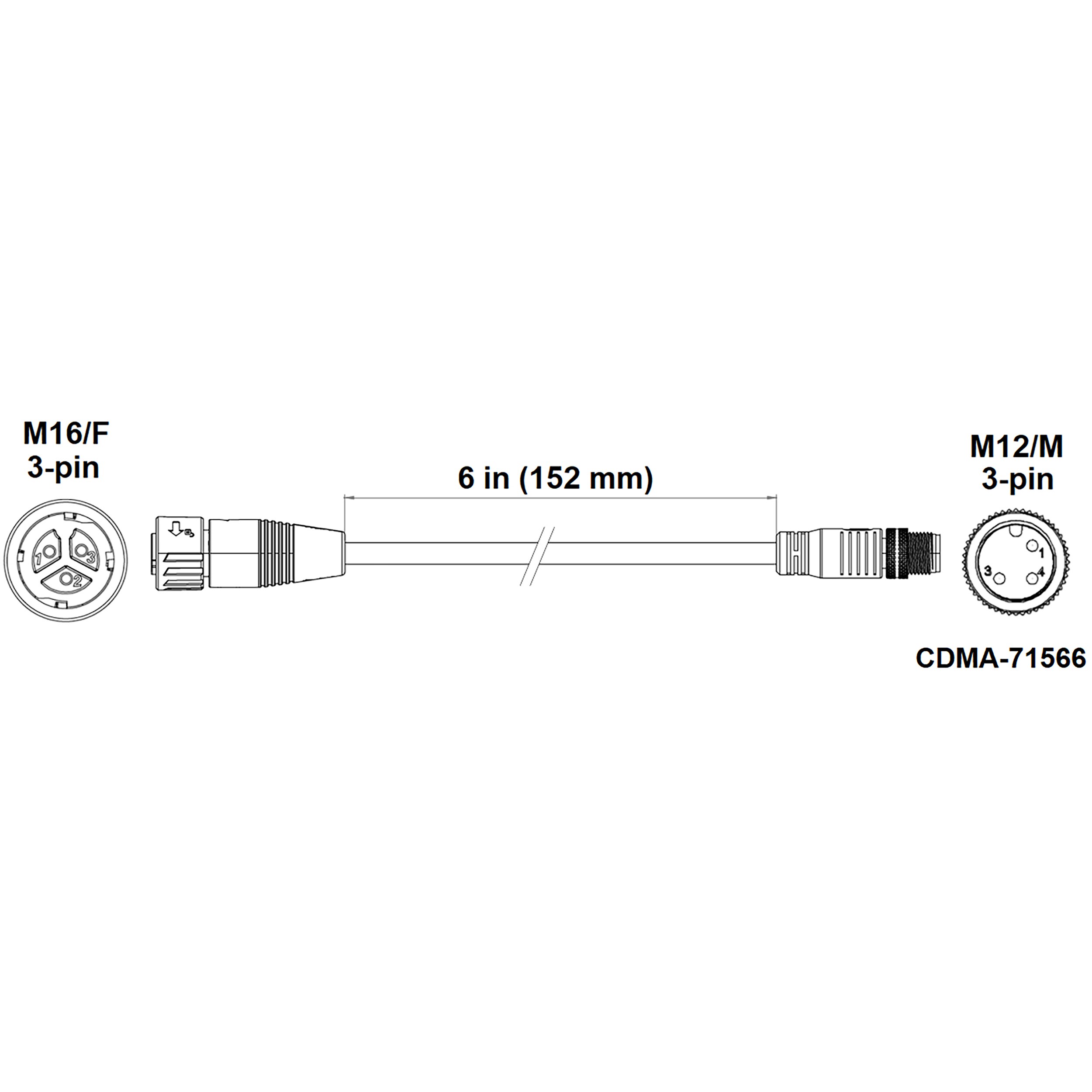 Fluence PSU1/PSE2 DC Dimming Adapter, 6" ( 152mm ), M16 Push Lock Connector on Power Supply to M12 Threaded Connector on Dimming Cable