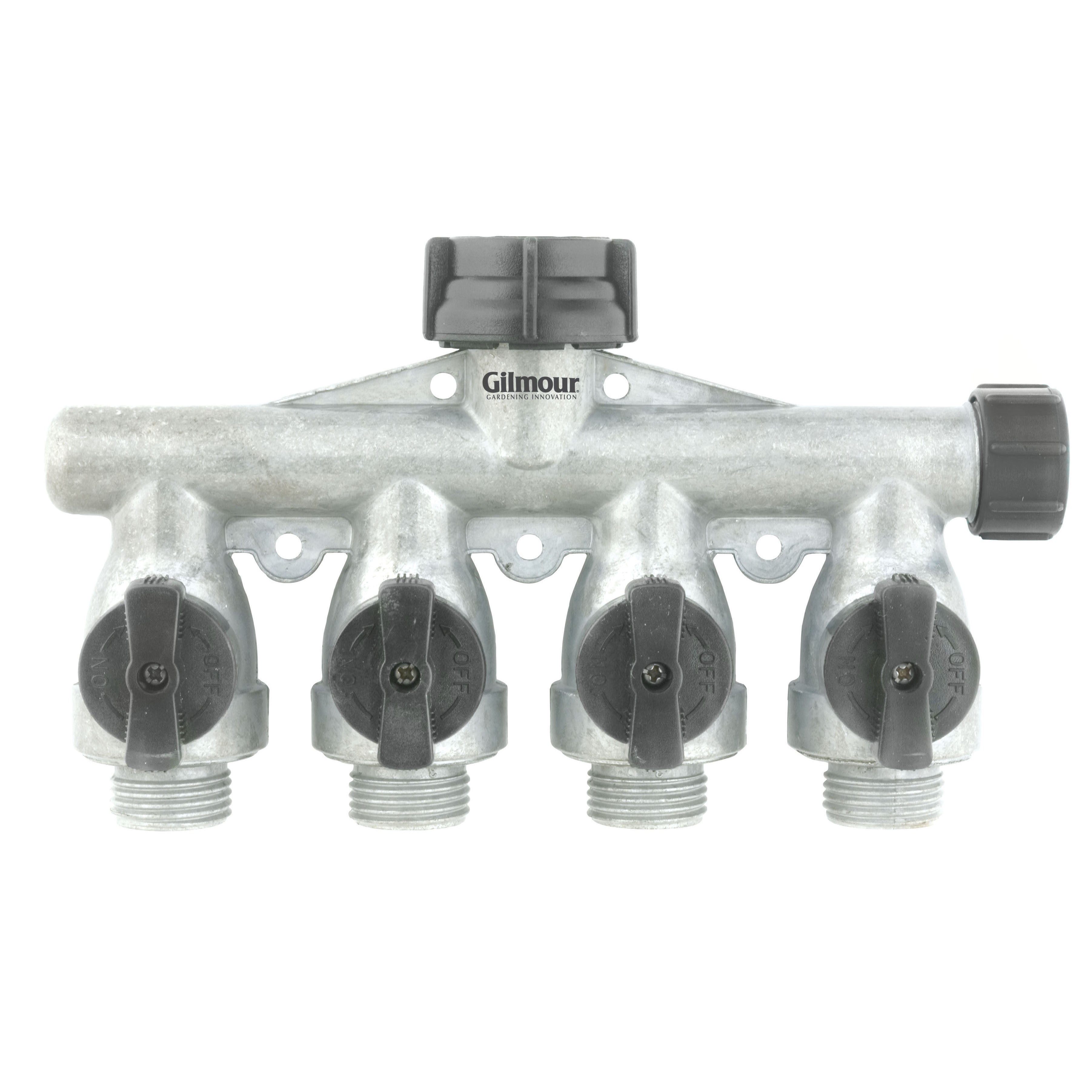 Gilmour Aluminum 4 Way Full Flow Shut Off w Nut — priced per each; minimum 6; multiples of 6
