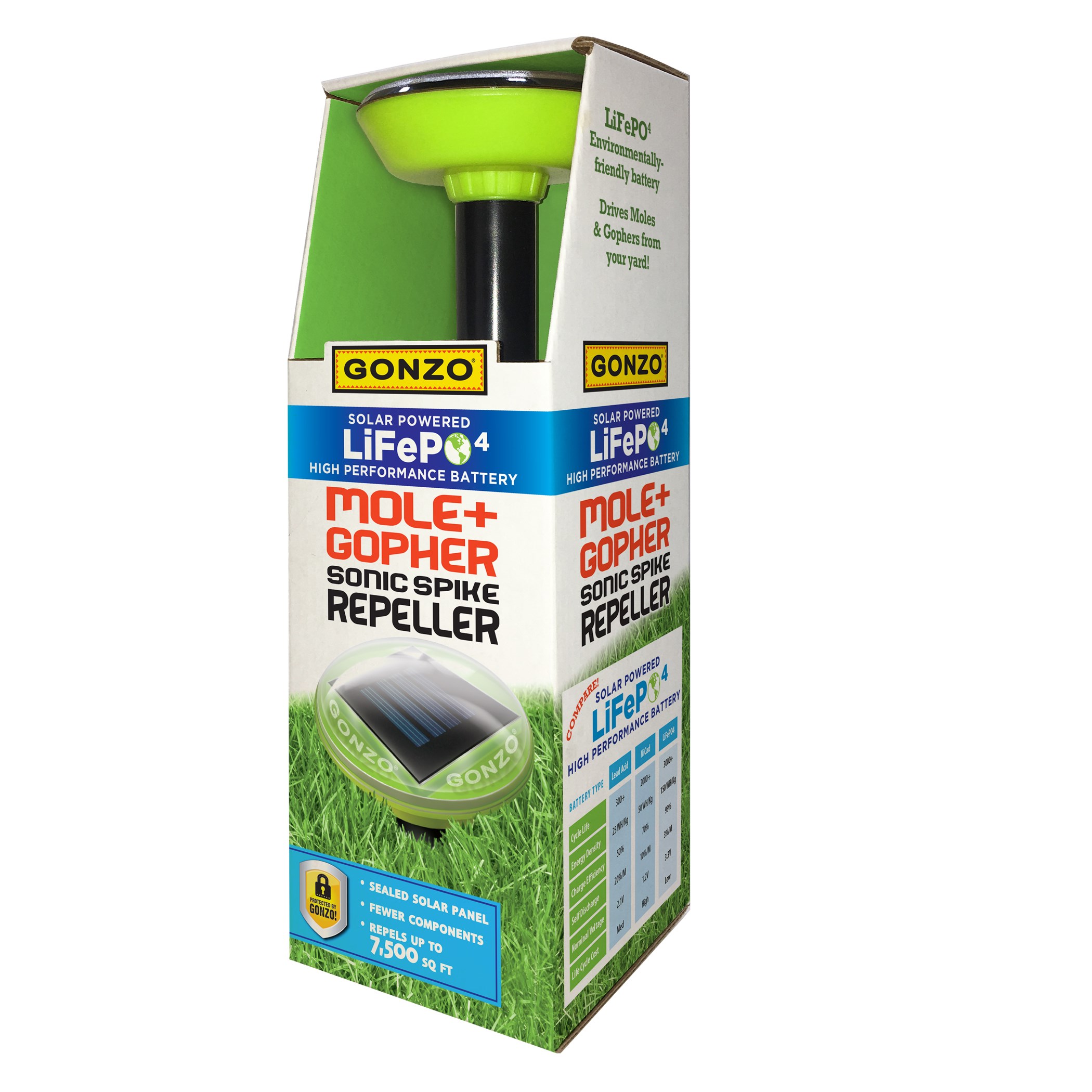 GONZO LiFePO4 Solar Mole Gopher Repeller — priced per each; minimum 6; multiples of 6