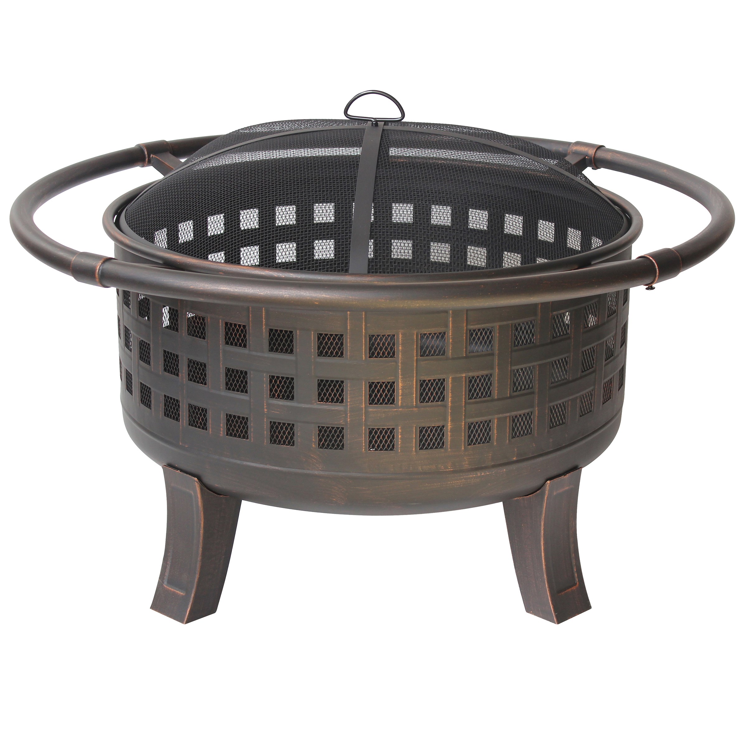 Gardener Select 40"x40"x25.4" Open Basket Weave Deep Fire Pit Antique Bronze.7mm Steel w/Big Ring, Mesh Cover & Poker