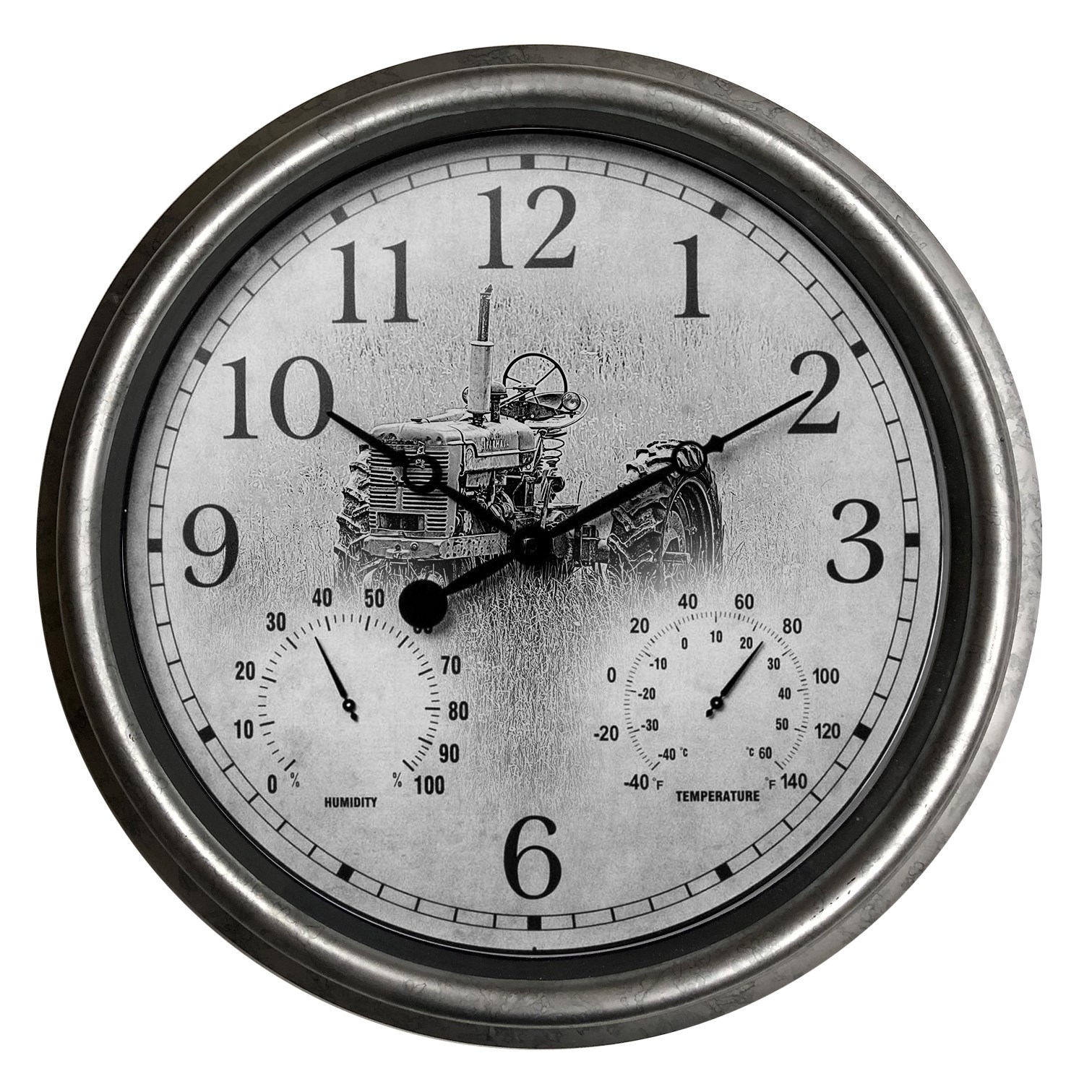 Headwind 15" EZ Read In/Out Clock w/ Thermometer Galvanized Look — priced per each; minimum 4; multiples of 4