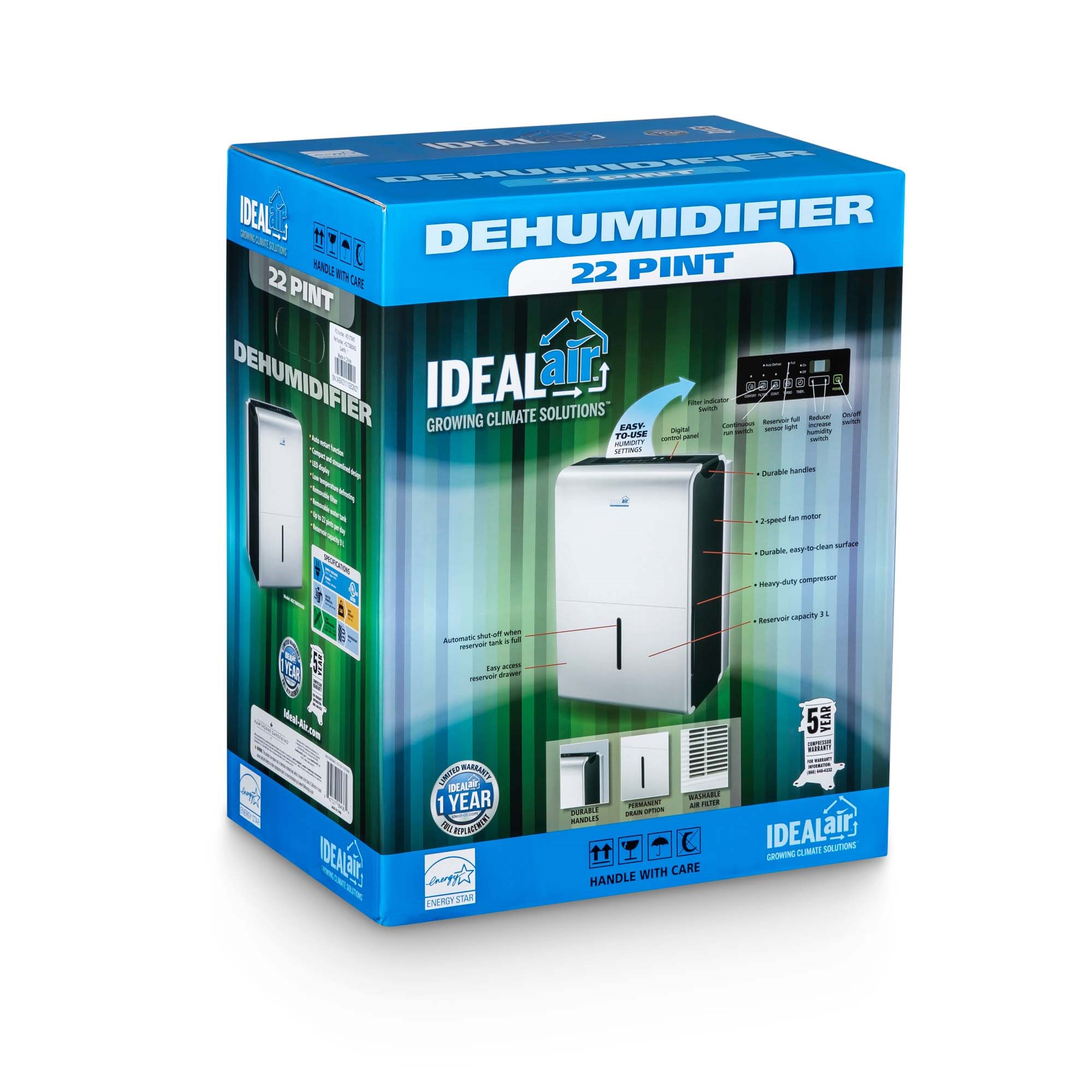 Ideal-Air 22 Pint Dehumidifier - Up to 30 Pints Per Day — Single Unit