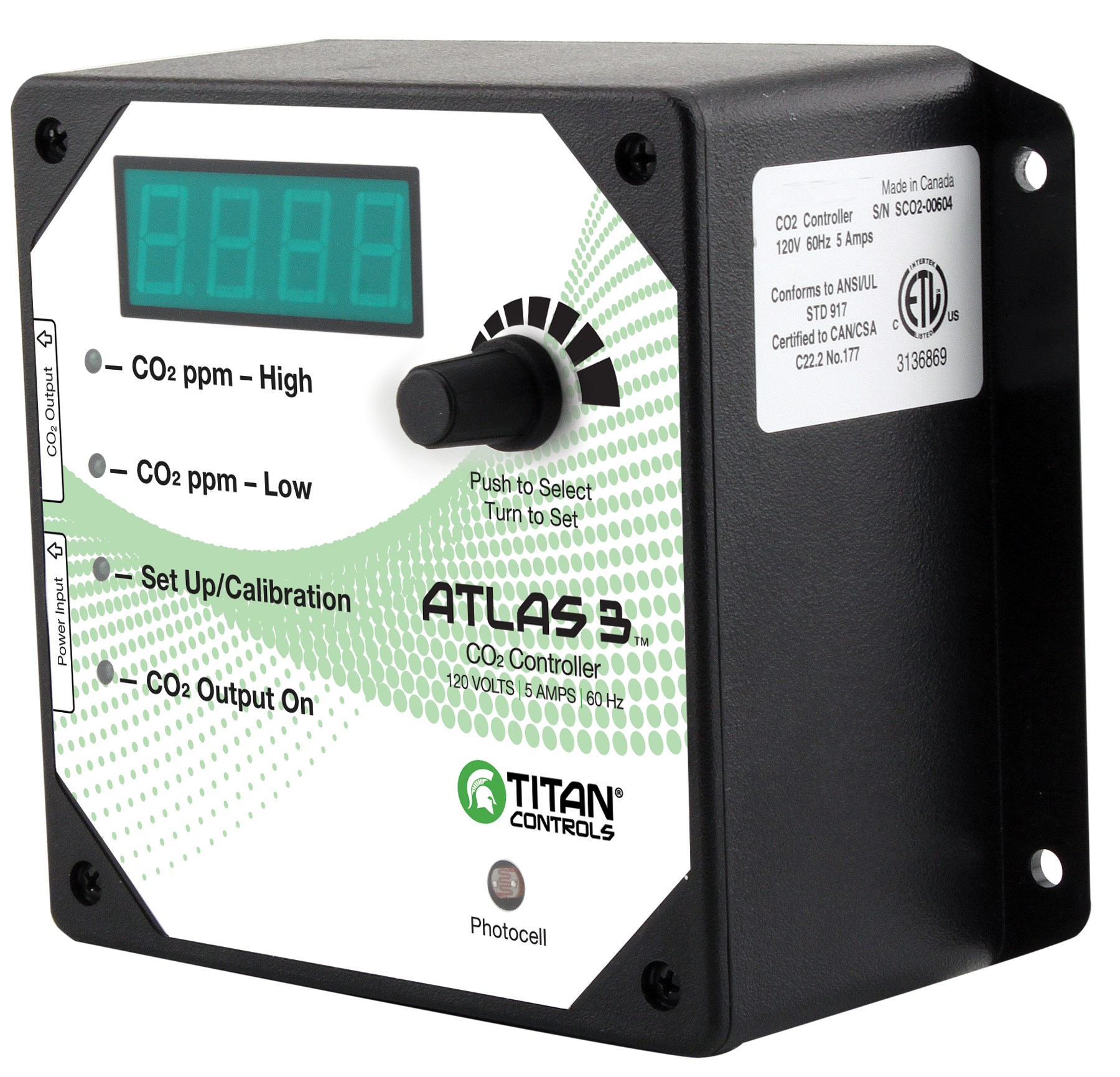Titan Controls Atlas 3 Day/ Night CO2 Monitor/ Controller — Single Unit