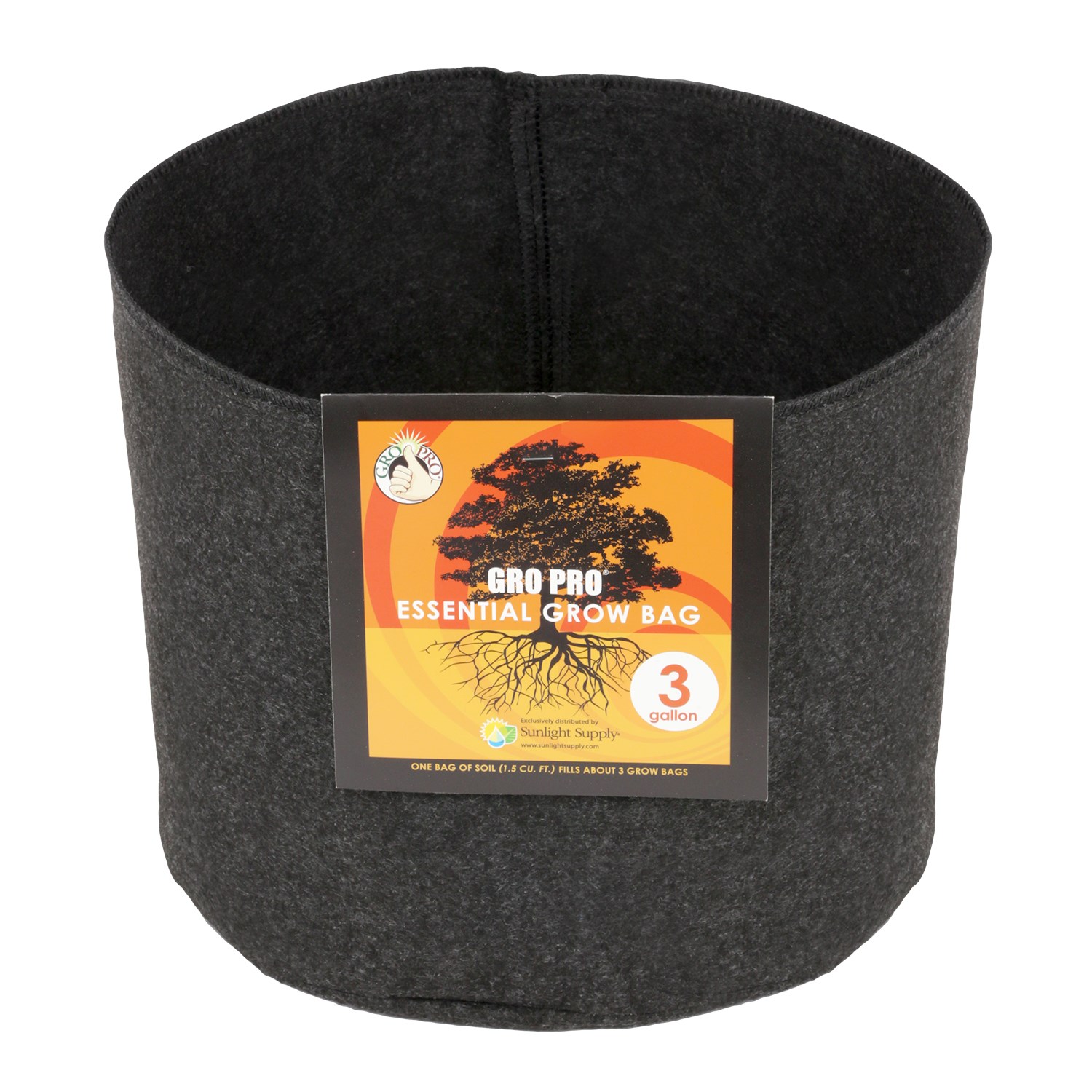 Gro Pro 3gal Essential Grow Bag Round Fabric Pot Black — Single Unit