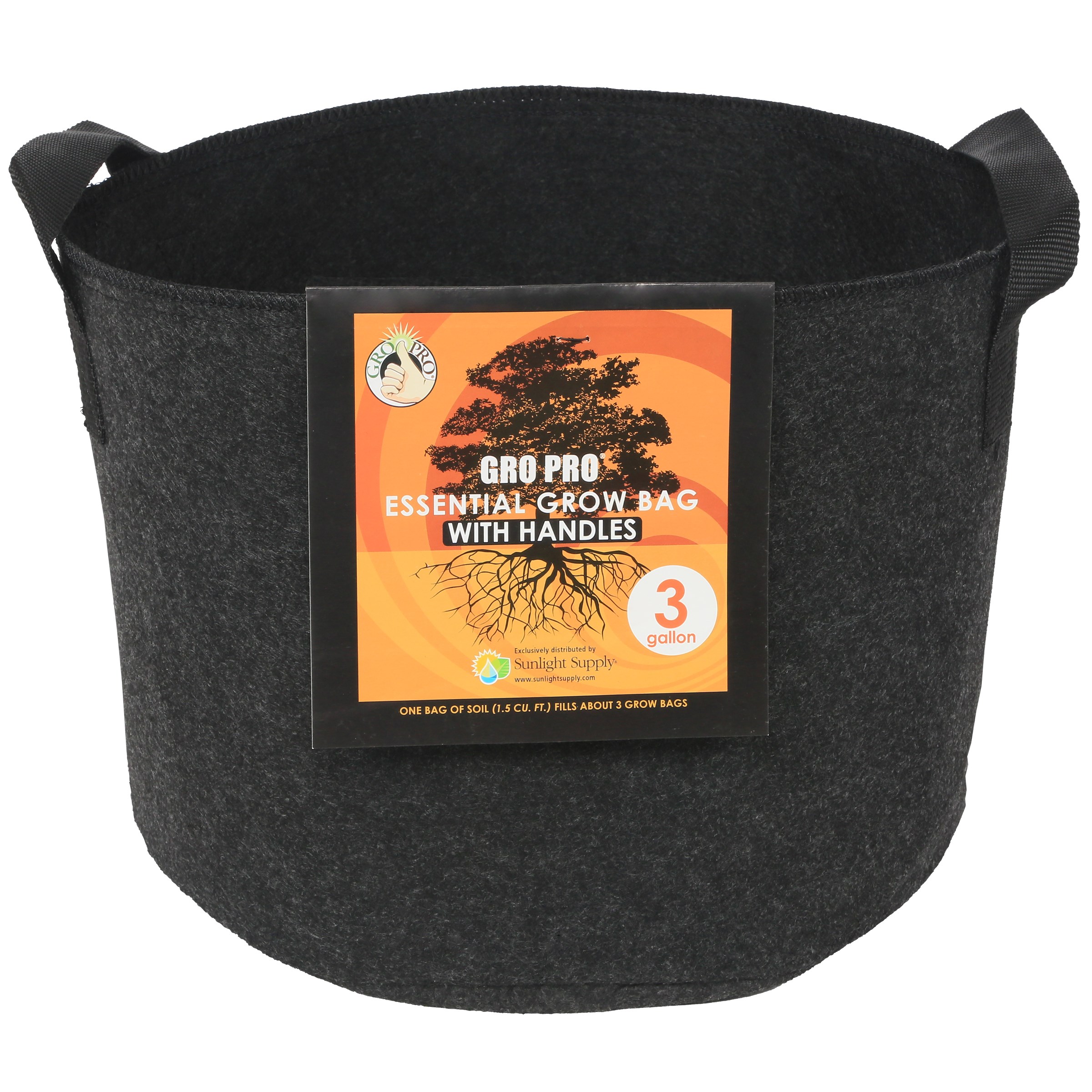 Gro Pro 3gal Essential Grow Bag Round Fabric Pot w/ Handles Black — Single Unit