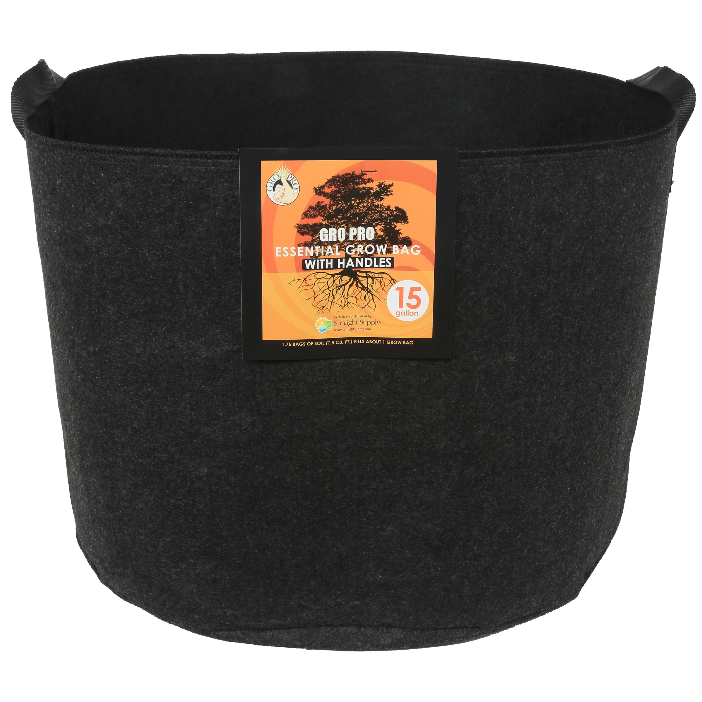 Gro Pro 15gal Essential Grow Bag Round Fabric Pot w/ Handles Black — Single Unit