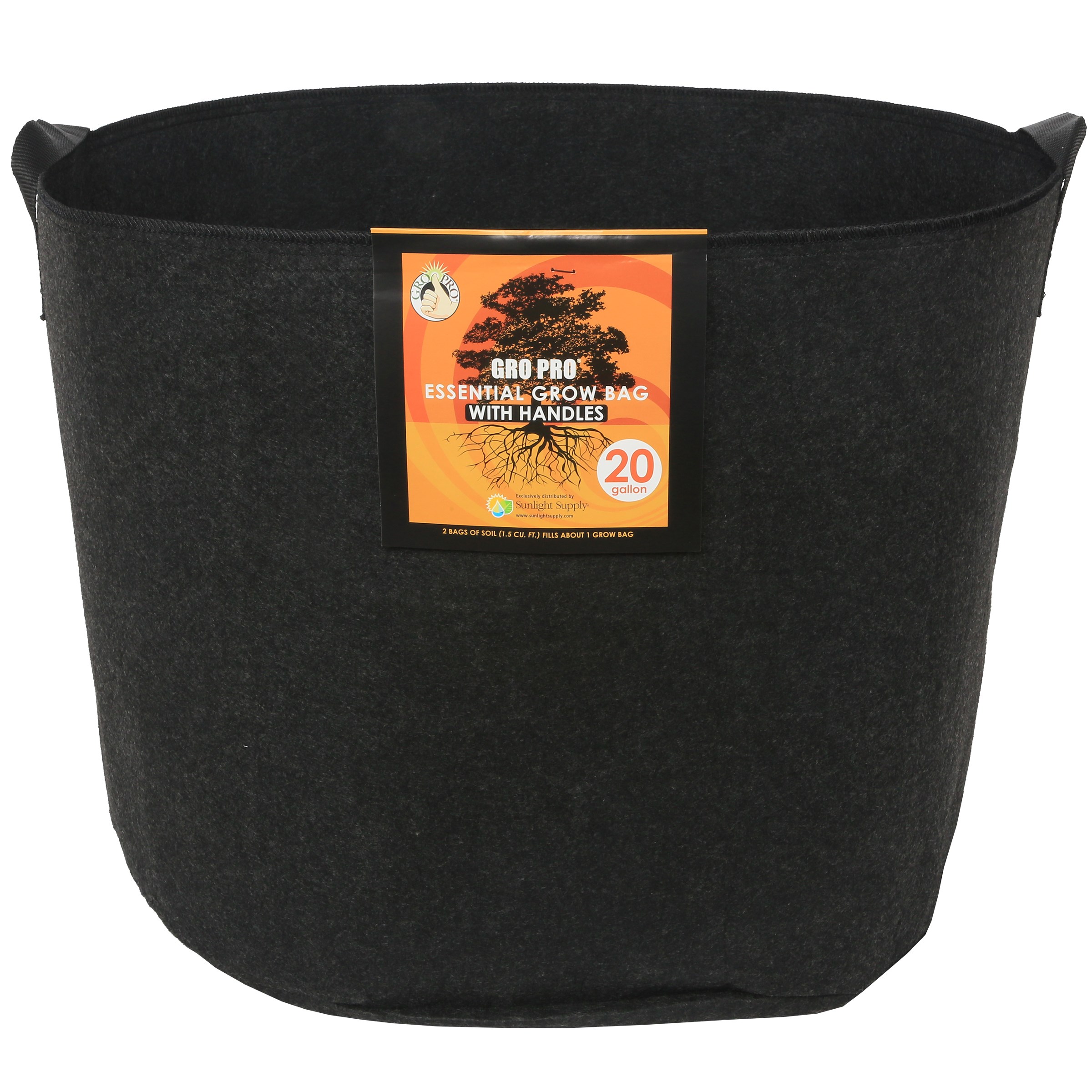 Gro Pro 20gal Essential Grow Bag Round Fabric Pot w/ Handles Black — Single Unit