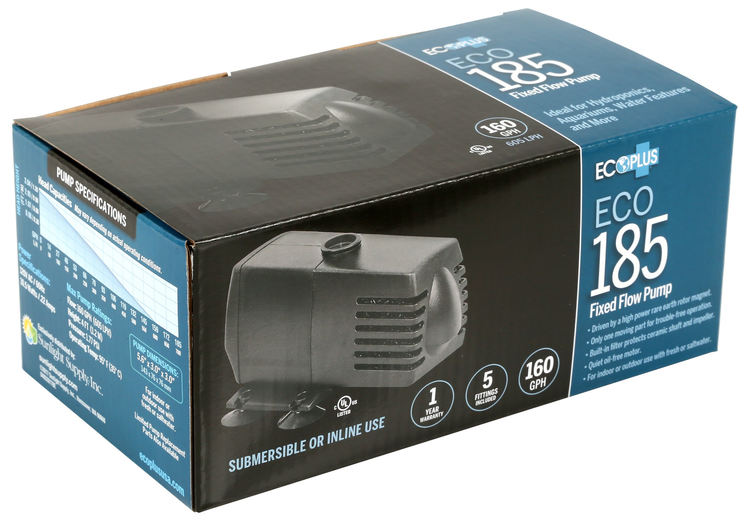 EcoPlus Eco 185 Fixed Flow Submersible/Inline Pump 158 GPH — Single Unit - Image 4