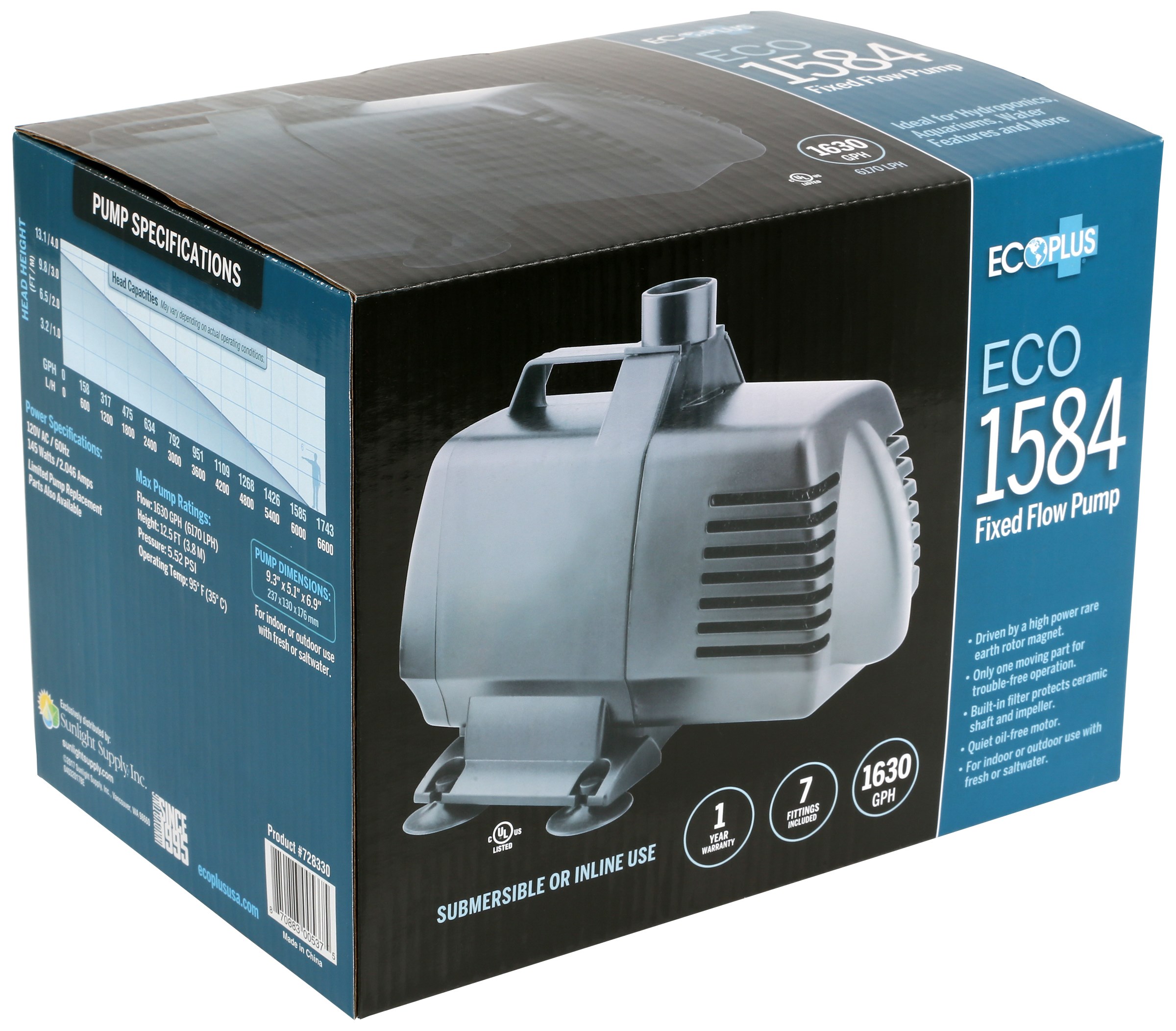 EcoPlus Eco 1584 Fixed Flow Submersible/Inline Pump 1638 GPH — Single Unit - Image 4
