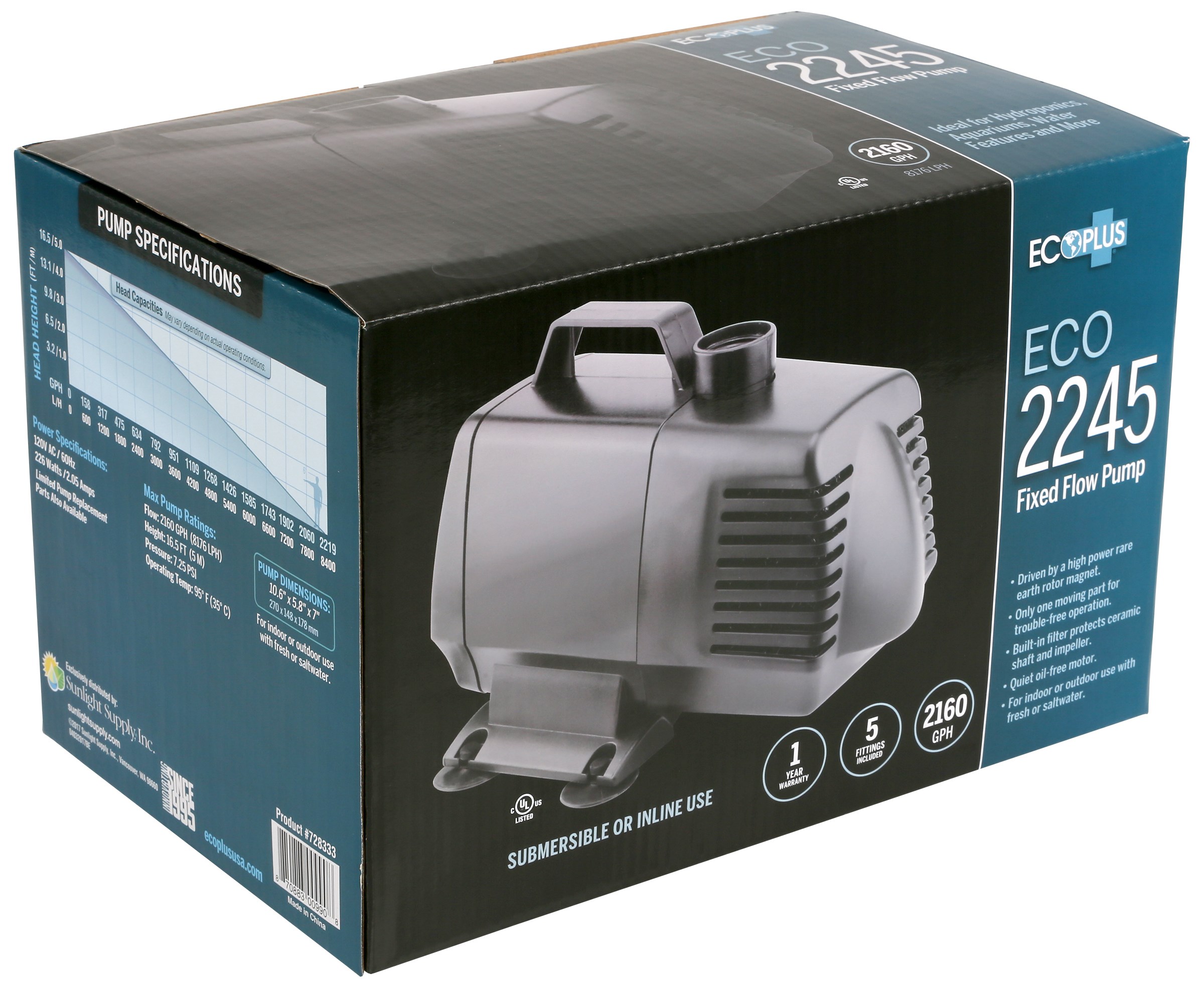 EcoPlus Eco 2245 Fixed Flow Submersible/Inline Pump 2166 GPH — Single Unit - Image 4