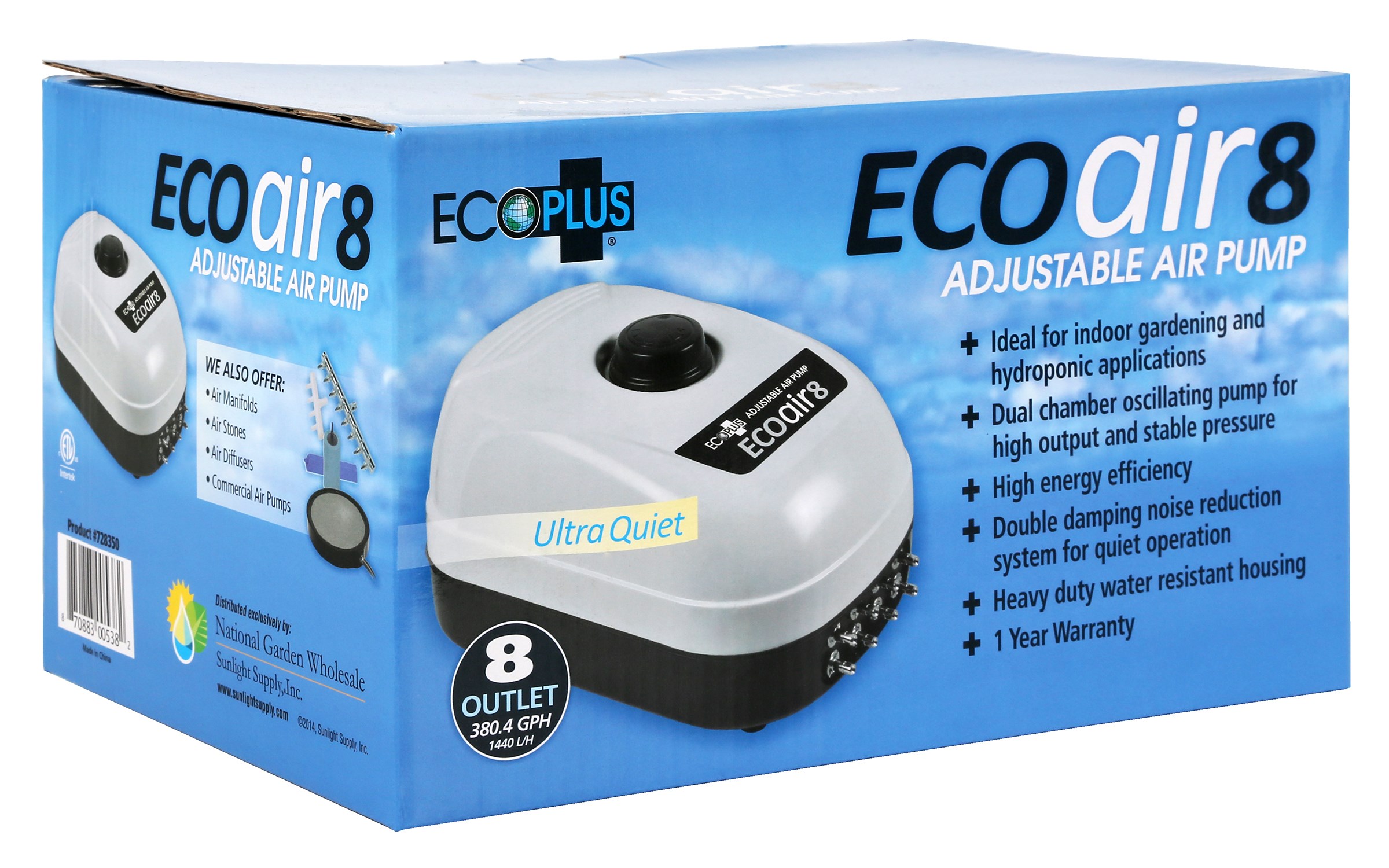 EcoPlus Eco Air 8 Air Pump Eight Outlet 13 Watt 380 GPH — Single Unit - Image 2