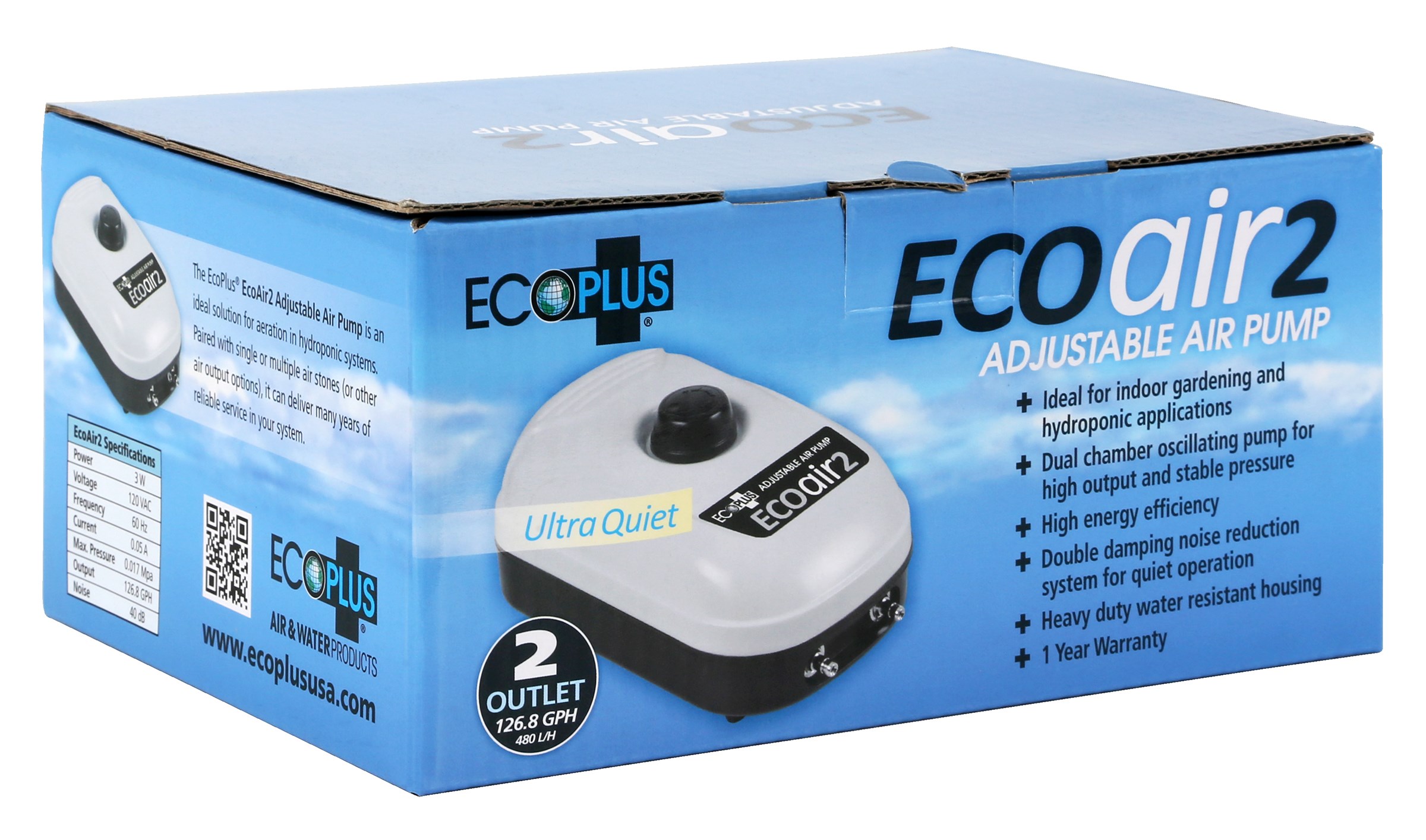 EcoPlus Eco Air 2 Air Pump Two Outlet 3 Watt 126 GPH — Single Unit - Image 2